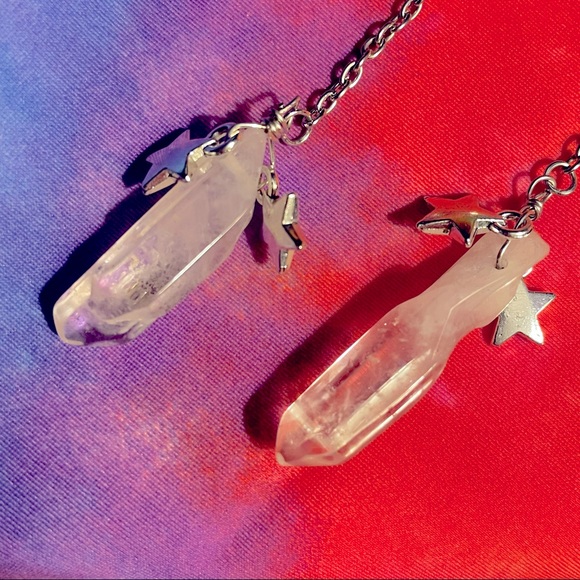 ☽✪Quartz Crystal Silver Moon Dangly Star Earrings✪☾ - Picture 3 of 4